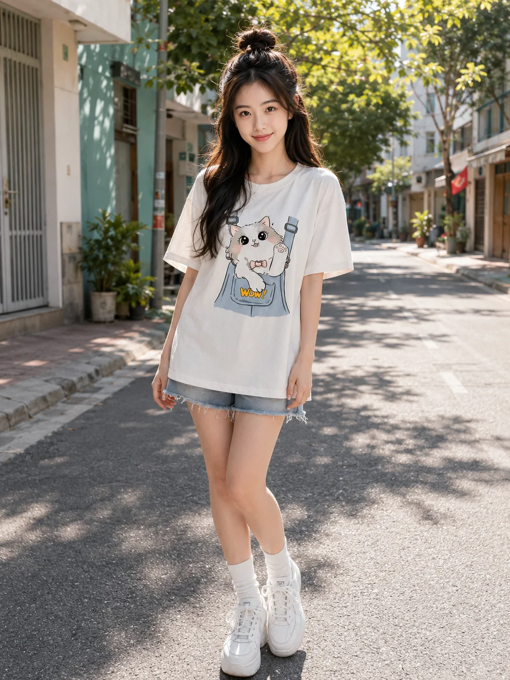 Thiên Kim in a white graphic T-shirt and denim shorts on a quiet sunlit street