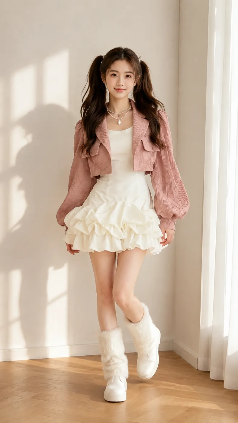 Thiên Kim in a white dress with a cropped pink jacket and double ponytails