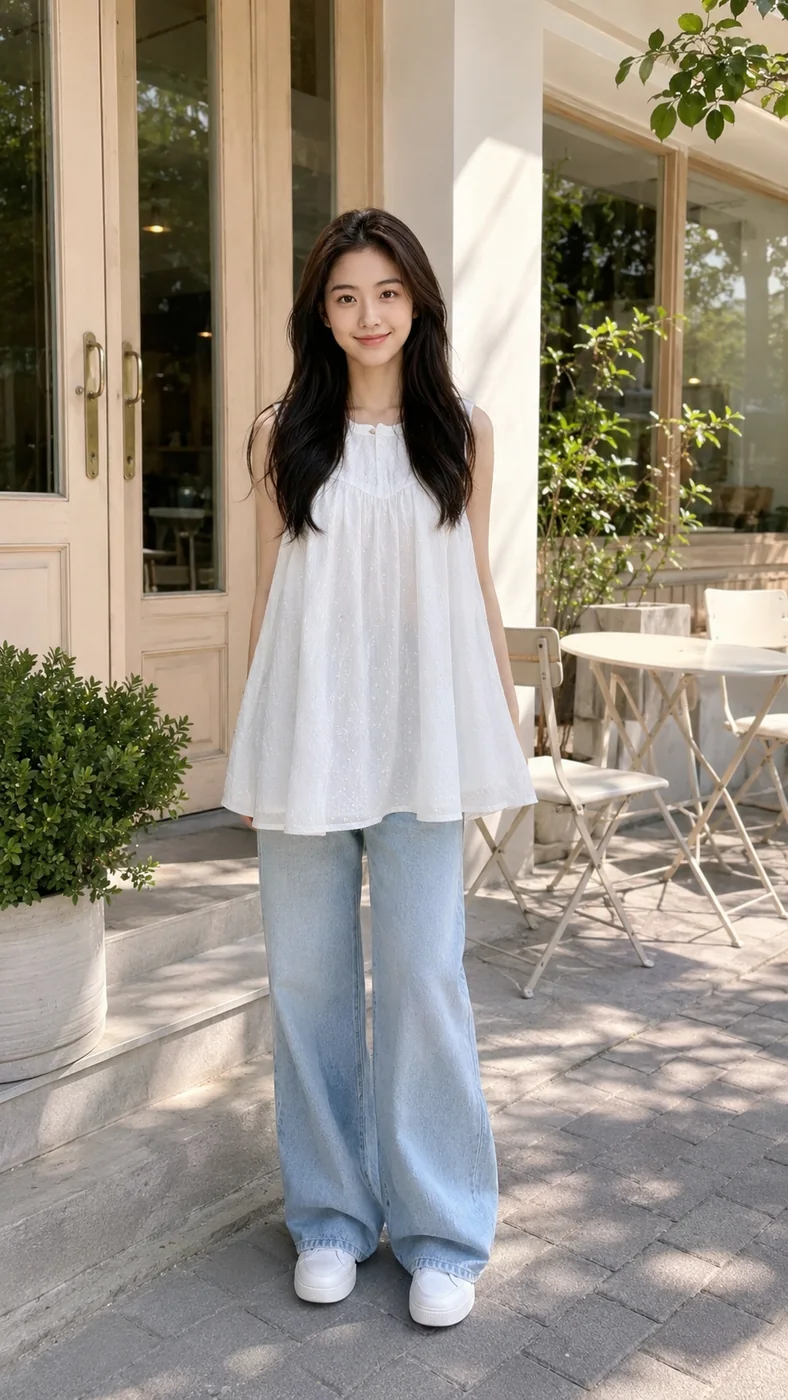 Thiên Kim in a white top with wide light-blue denim at a bright cafe exterior